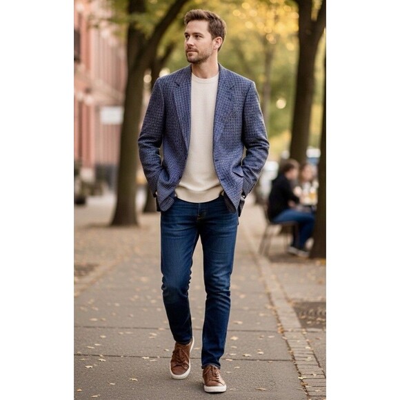 Men’s Wool Tweed Houndstooth Blazer Tailored Sport Coat Fully Lined Classic 44L - Picture 2 of 10